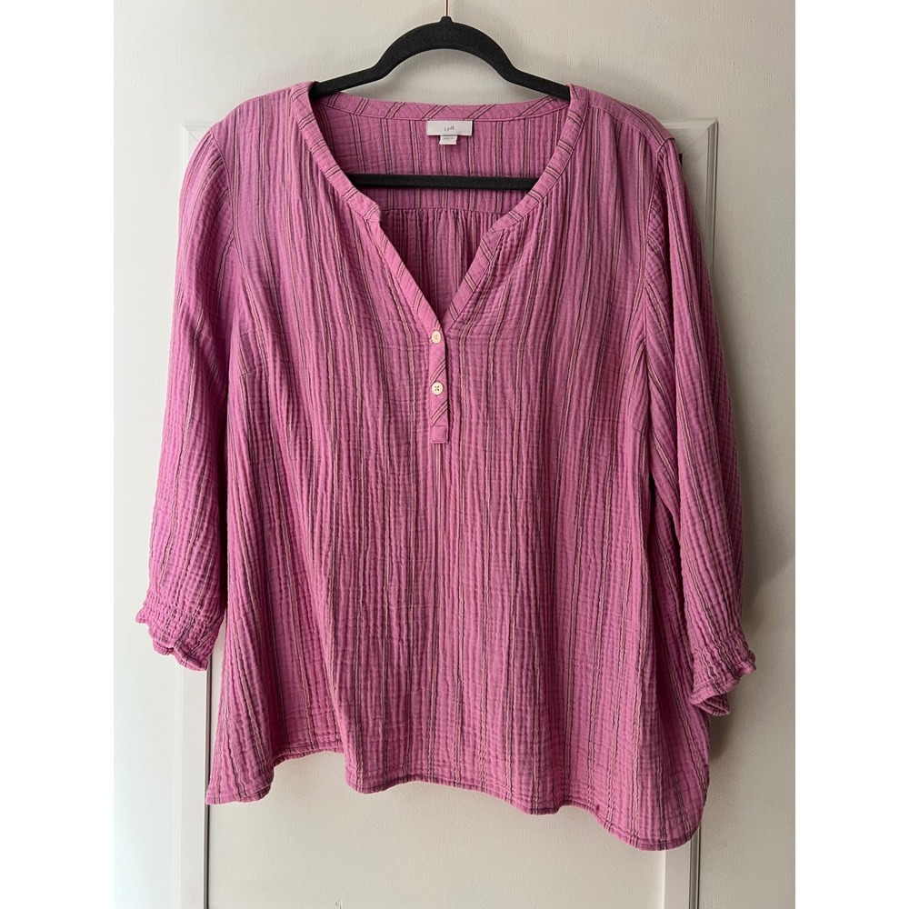 J. Jill Pink Striped Cotton Gauze Henley Blouse Large Petite 3/4 Sleeve Top